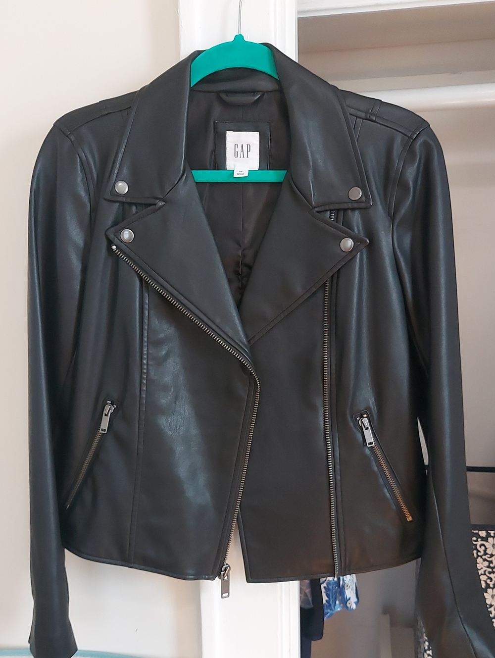 GAP Black Faux Leather Moto Jacket with Asymmetric Zip